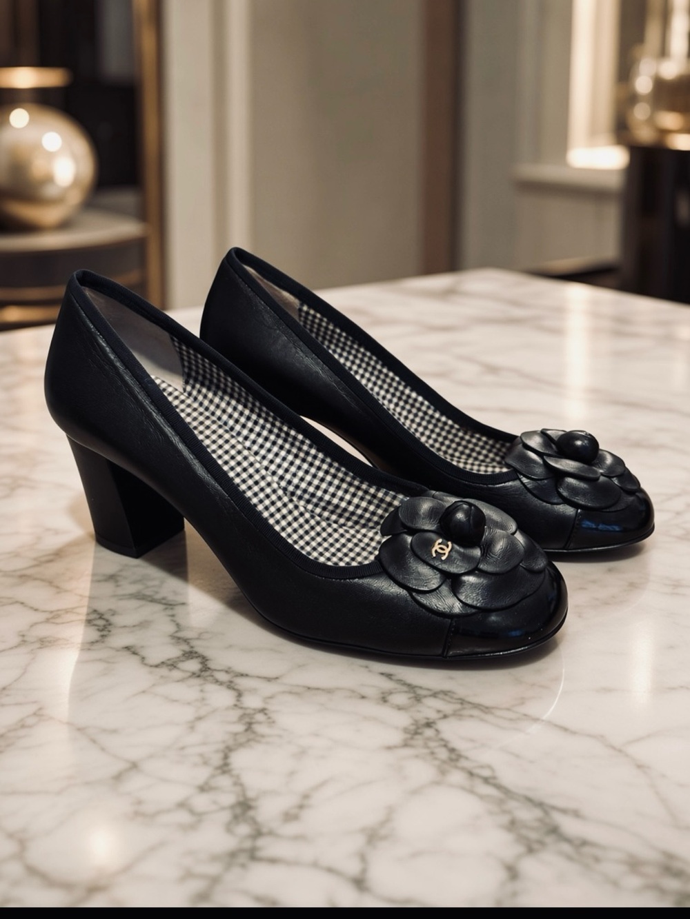 CHANEL Black Leather Camellia Block Heel Pumps
